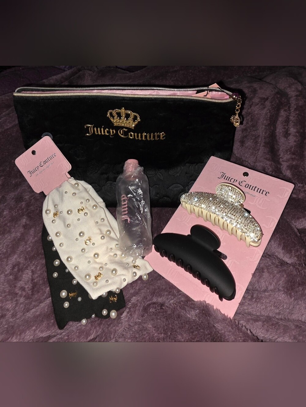 Juicy Couture Black Velvet Cosmetic Pouch And Travel Set With Crown Logo